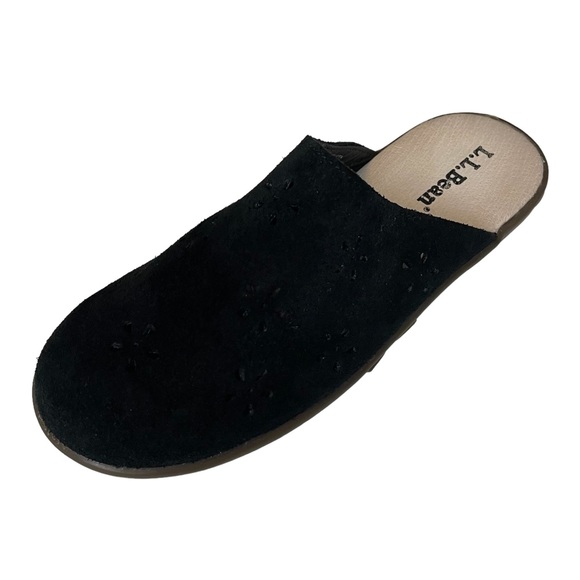 LL Bean Black Suede Flower/Star Laser Cut Slip On Mules Shoes 4 - Picture 2 of 10